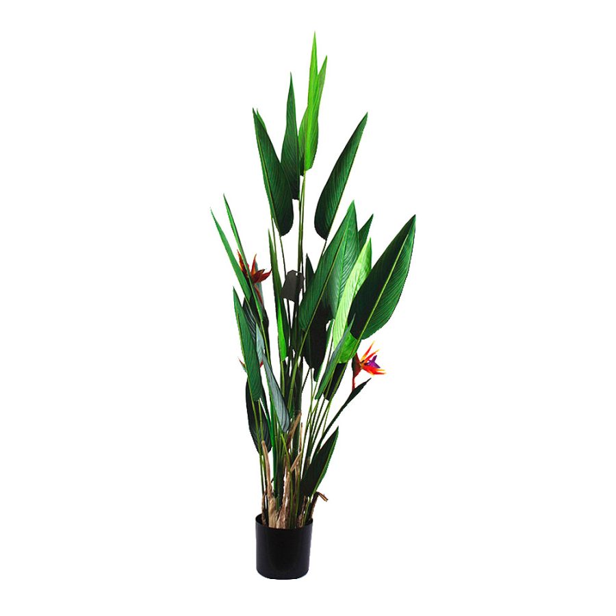 Planta artificial de ave del paraiso de 180cm de altura - 25 hojas 3 flores 1 extra grande y 1 pequeña- cubierta de maceta negra de 20 cm con arena negra