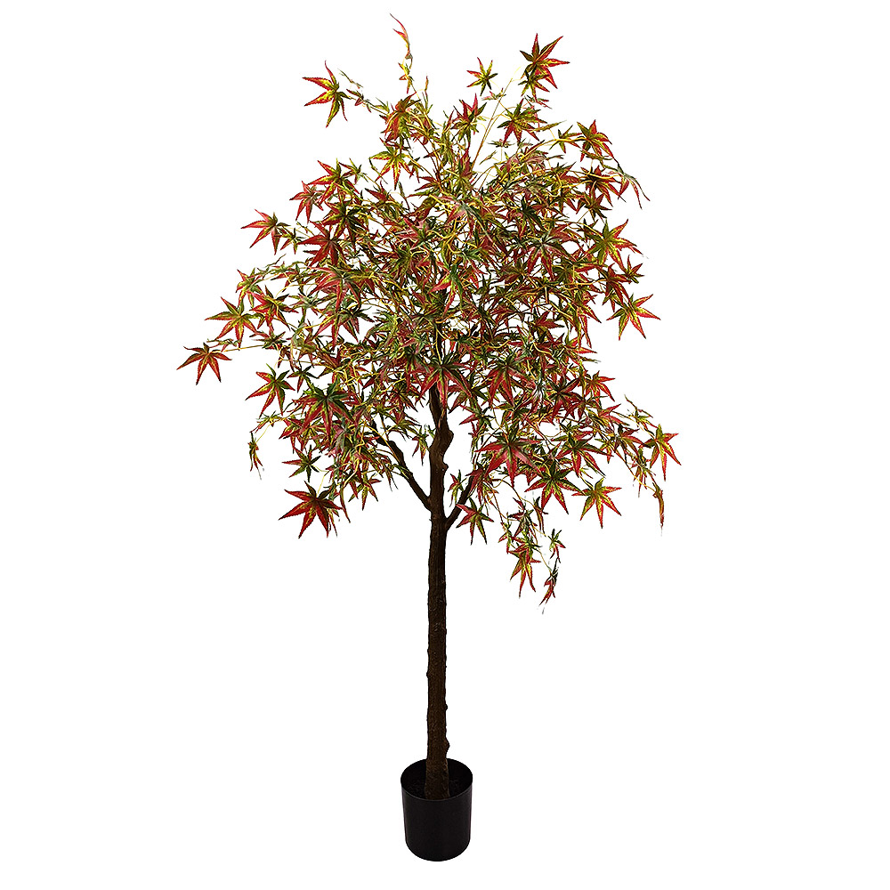 Árbol de arce artificial verde y rojo de 220 cm de altura- 26 ramas -Cubierta de maceta recta de 15 cm con arena negra
