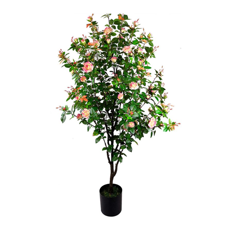 Planta artificial de rosal rosa de 160cm de altura- 1488 hojas - maceta de 19 cm